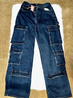 PrettyLittleThing Dark Blue Cargo Jeans with Multi Pockets